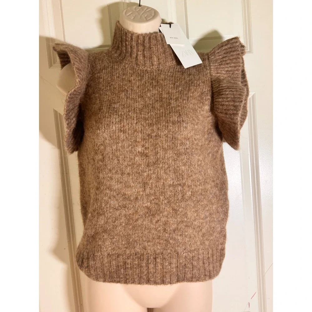 Zara Brown Wool Alpaca Blend Ruffle‎ Sleeve Knit Vest Sweater NEW S